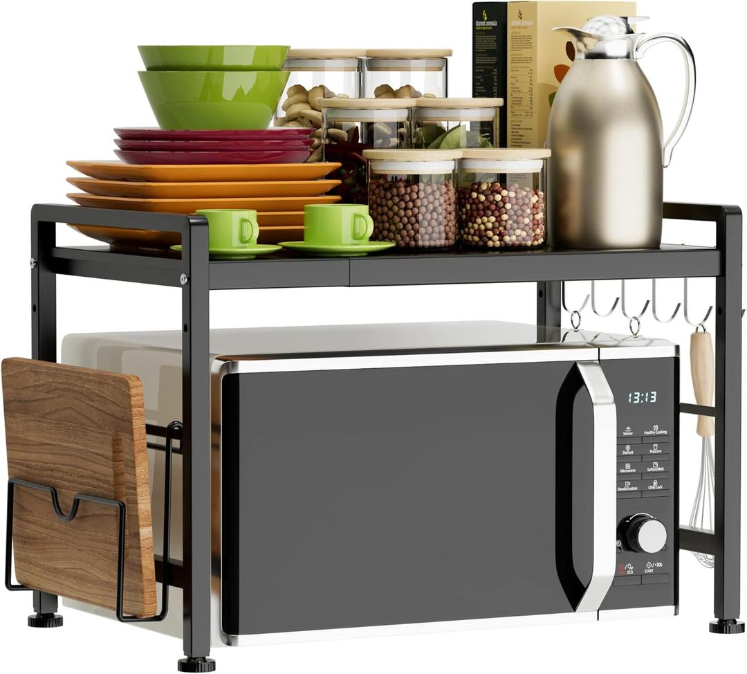 Extendable Microwave Oven Rack - Adjustable Kitchen counter shelf, 2 Tier Microwave Stand (L15.7~23.6" xW12.8 xH17.7) with 6 Hooks for Kitchen Countertop Organizer (Black) (Black)