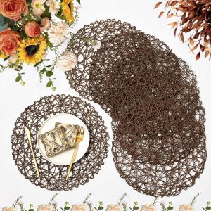 IcosaMro Brown Round Placemats Set of 6 for Dining Table, 15 Inch Paper Woven Boho Decorative Tan Circle Place Mat for Wedding Christmas Thanksgiving Day Holiday Dinner, Tan Brown