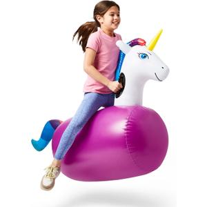 Hearthsong Hop N Go Inflatable Unicorn Riding Bouncy Hopping Toys for Kids Ages 5+ - Ride On Bouncer Animal Hopper Jumping Toys for Outdoor Games