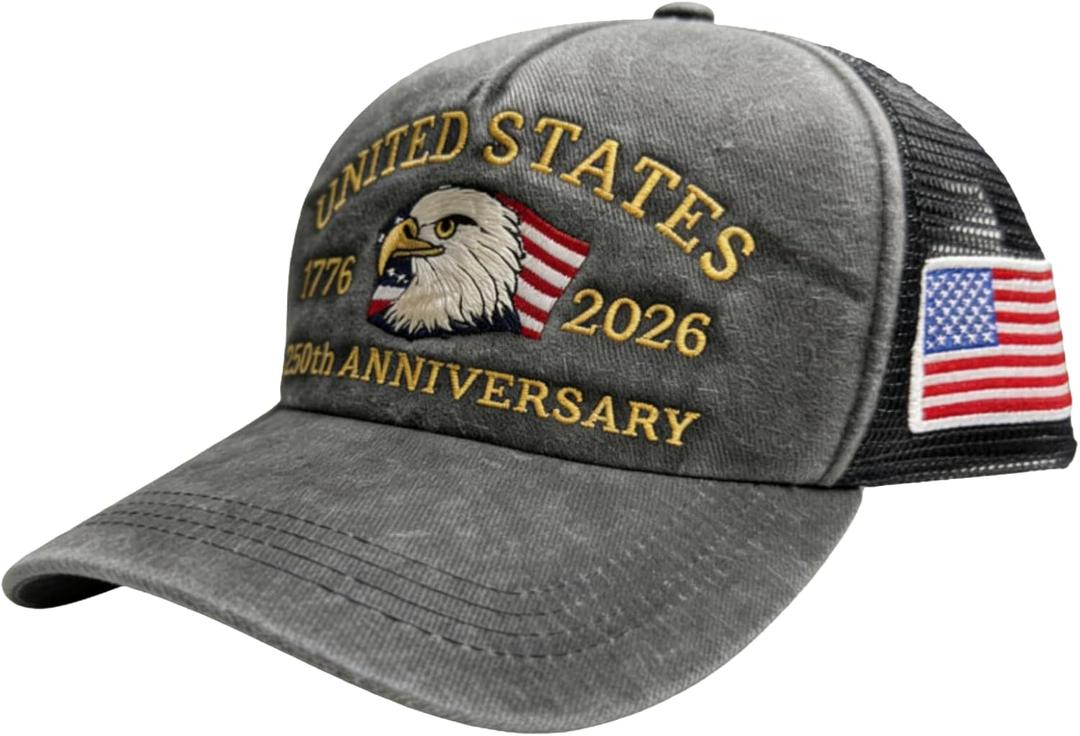 250th Anniversary USA Hat Retro Embroidered Baseball Cap Adjustable Mesh-Back Trucker Hat for Men Women