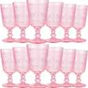 Eaasty Glasses Set of 12 Vintage Goblet 9 oz Vintage Colored Glass Goblet Beverage Stemmed Glass Cups Romantic Embossed Glassware for Wedding Party Holidays Anniversary (Pink)