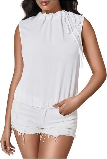 SHENHE Women's Summer Tie Knot Mock Neck Sleeveless Blouse Dressy Casual Going Out Top White Medium