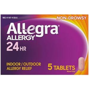 Allegra Adult 24-Hour Allergy Relief Tablets, Non-Drowsy Indoor and Outdoor Allergy Medicine, 180 mg Fexofenadine HCI Antihistamine Pill, 5-Count 2 Pack (Exp: 05/2026)