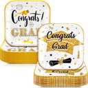 100 Pcs 2025 Graduation Party Plates 7 x 7 in Congrats Grad Paper Plates Class of 2025 Disposable Square Dessert Decorative for Graduation Cocktail Party Supplies Photo Props(White, Gold)