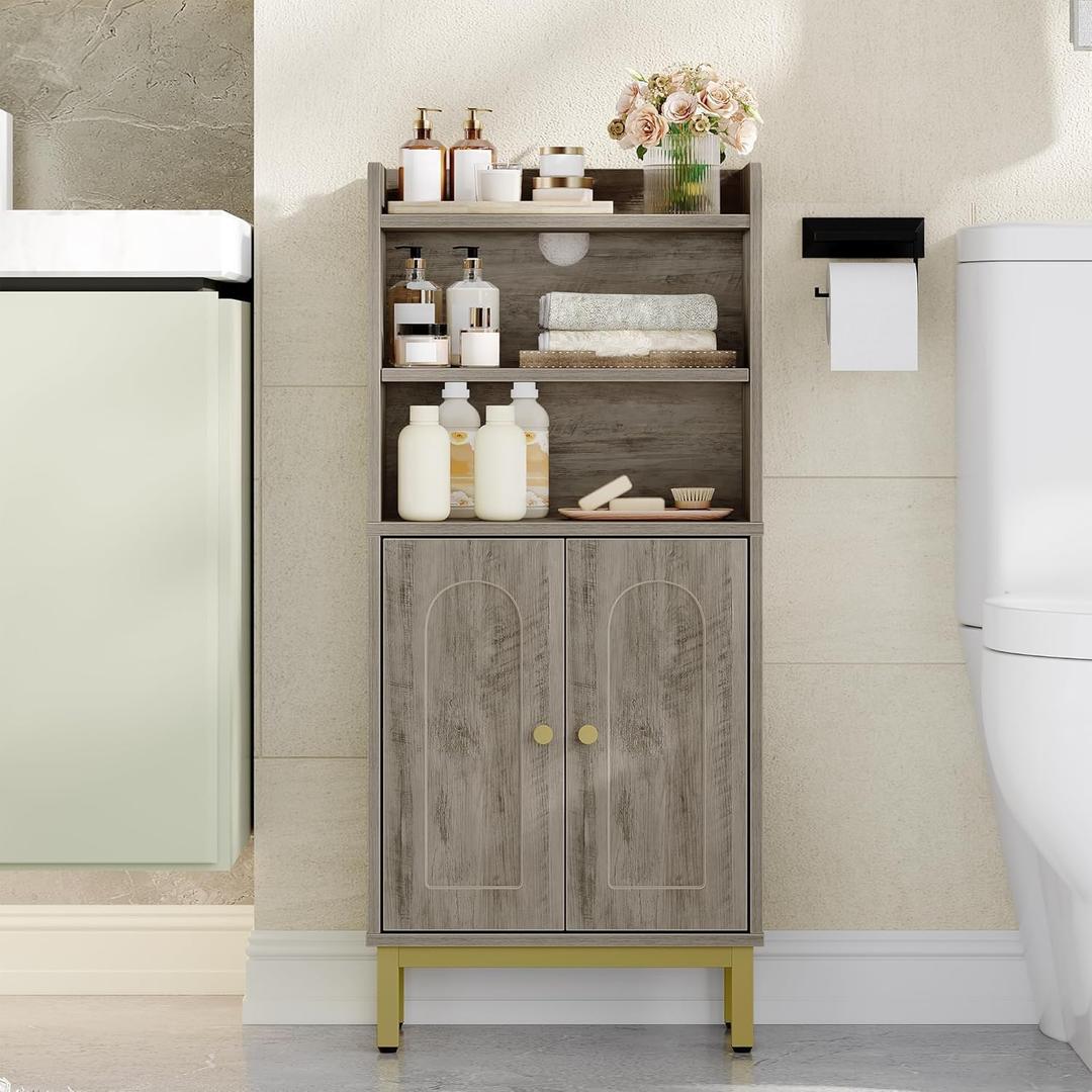 Hzuaneri Bathroom Storage Cabinet, Small Floor Cabinet with 2 Door and Shelves, Toilet Paper Cabinets, Bathroom Organizer with Adjustable Shelf, for Small Spaces Greige 7.1" D x 14.6" W x 32.7" H