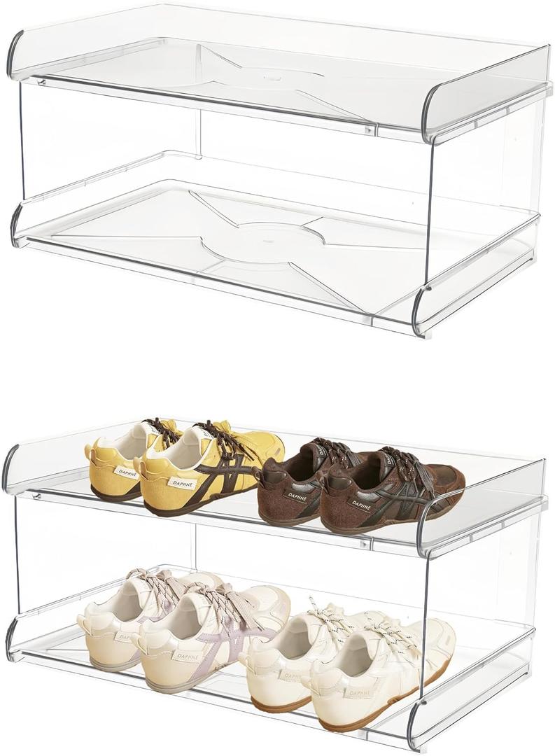 2 Tiers Acrylic Kids Shoe Rack,Shoe Organizer Storage for Shoe and Boot,Clear Shoes Shelf for Closet,Shoe Organizer for Entryway,for Hallway,Small Spaces,Garage,Closet (Medium)