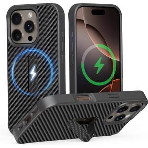 AUROX for iPhone 16 Pro Case With Invisible Stand [MagSafe Compatible] Military-Grade Protection, Shockproof Magnetic Case for Men, Carbon Fiber Textured Surface - Black