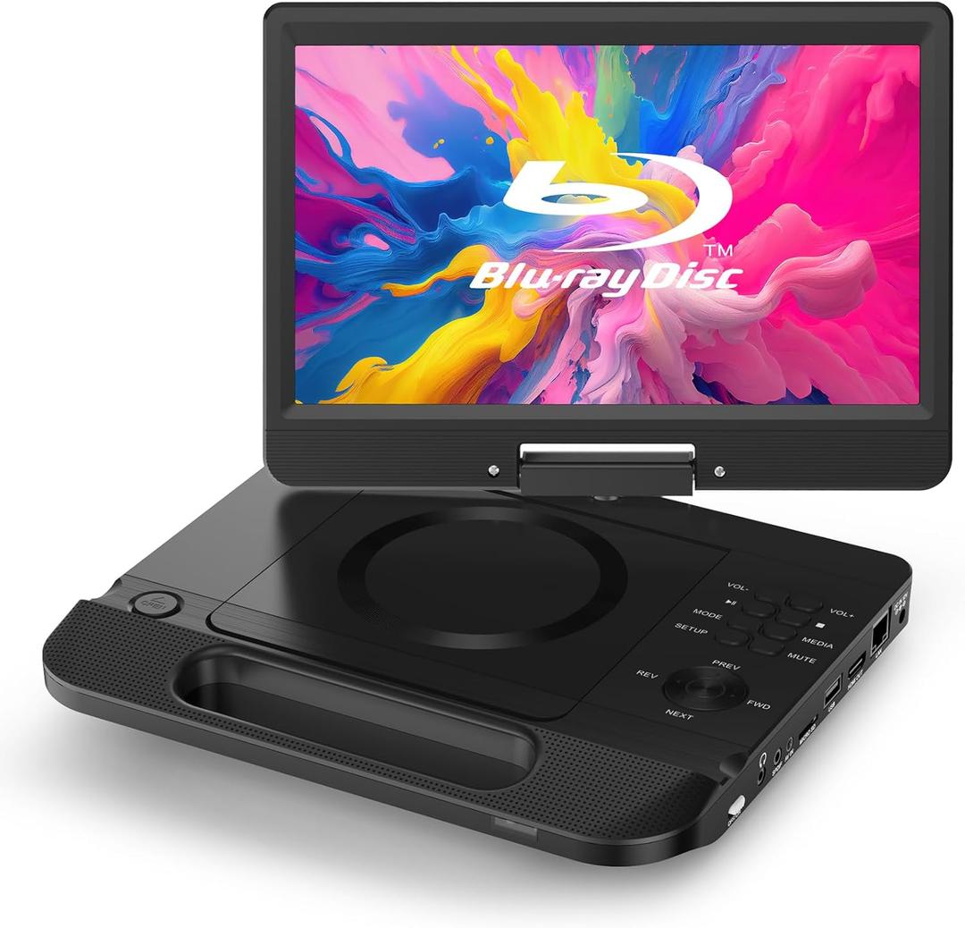 FANGOR 12.5" 1080P Portable Blu-Ray Player with 10.5" HD Swivel Screen, HDMI Out & AV in, Multi Media Player, 5 Hours Rechargeable Battery, Supports USB/SD Card, Last Memory