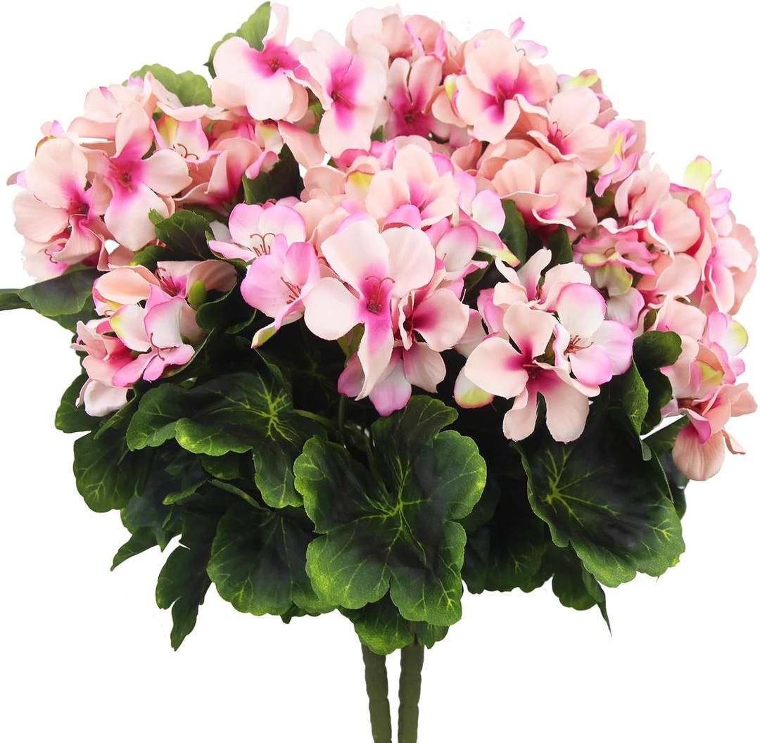 2 Pcs Artificial Geraniums for Outdoor Silk Geranium Flowers Purple Pink Artificial Geranium Bush Faux Flowers Geraniums Branch for Garden Patio Cemetary Vase Table Centerpiece Indoor Decor