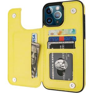ONETOP Compatible with iPhone 13 Pro Max Wallet Case with Card Holder, PU Leather Kickstand Card Slots Case, Double Magnetic Clasp and Durable Shockproof Cover 6.7 Inch (Yellow)