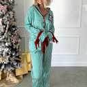Argeousgor Women Christmas Satin Pajamas Striped 2 Piece Pjs Set Long Sleeve Button Down Shirt Bow Tie Shorts Sleepwear (S)