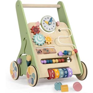 Wooden Baby Walker with Wheels, Push Walker for Baby Boy 6-12 Months, Baby Activity Center Sit to Stand Walker Small Size