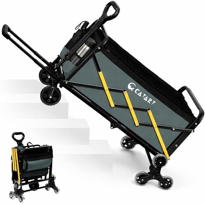 Folding Utility Cart with Triangular Wheels, 2 in 1 Collapsible Wagon for Stairs, Multi-Scene Stair Climbing Wagon, Lightweight Hand Truck with Telescoping Handle for Grocery, Laundry, Moving, Office