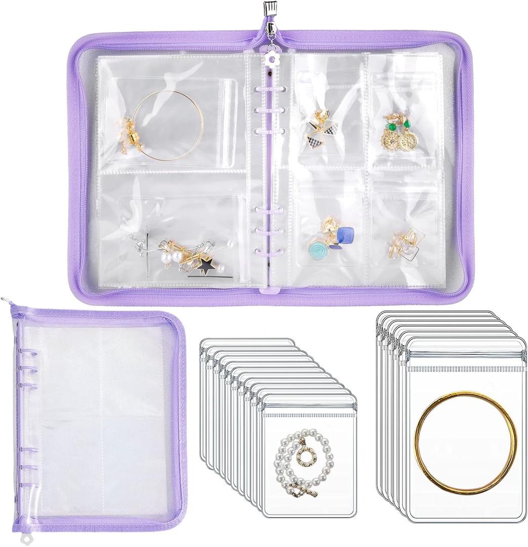 Travel Jewelry Organizer Transparent Jewelry Storage Book Set with Pocket Traveling Necklace Earring Organizer with Zipper for Ring, Bracelets, Stud (120 Grids +75 Thicken PVC Zipper Bags, Purple)