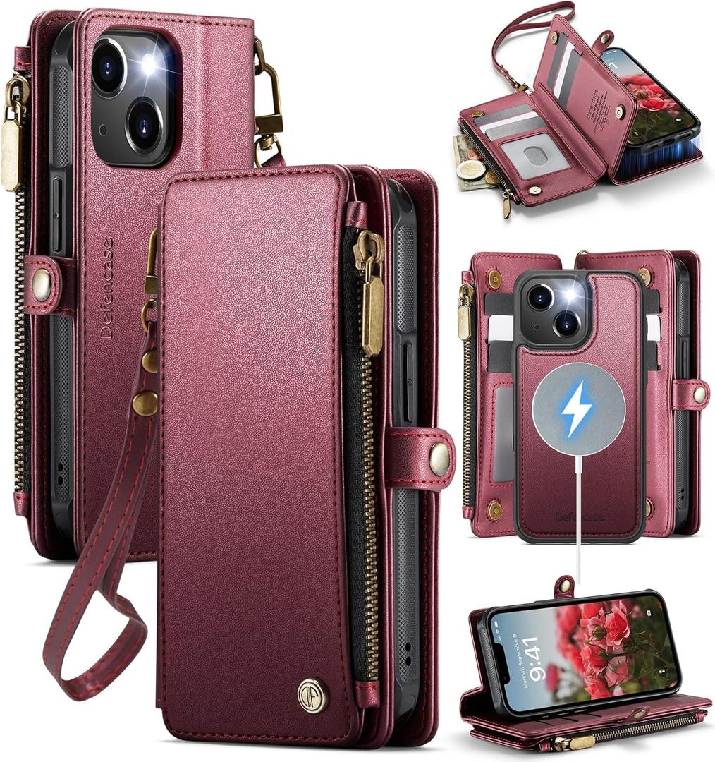 Defencase for iPhone 11 Magnetic Wallet Case Compatible with Magsafe with RFID Blocking Zipper & Card Holder for Women Men, PU Leather Strap Detachable Phone Case for iPhone 11 (6.1 inch), Wine Red