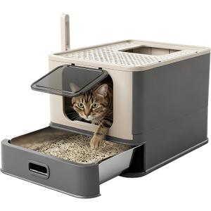 PAKEWAY Enclosed Stainless Steel Cat Litter Box with Pull-Out Drawer, Top Entry Leak-Proof Covered Design, Large Metal Litter Box with Scoop and Litter Mat for Indoor Cats