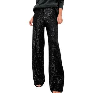 ODIZLI Womens Wide Leg Sparkle Sequin Pants Elastic High Waisted Bling Glitter Dance Pants (Large, Black)
