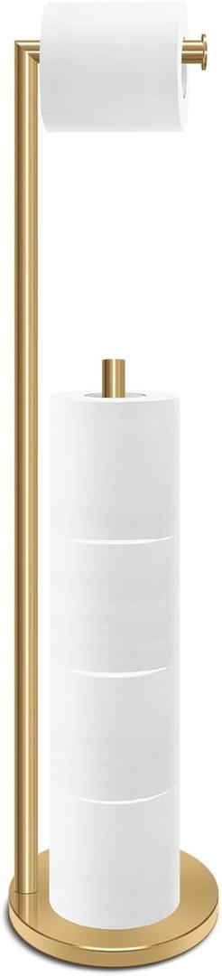 RRM Toilet Paper Holder Stand, Bathroom Free Standing Toilet Paper Holder with Reserve Storage 3-4 Toilet Paper Rolls, Double Rod 26.4-inch Stainless Steel Toilet Paper Storage (Golden)