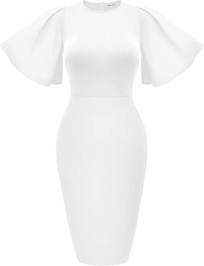 Memoriesea Women's Basic Bodycon Ruffle Flared Short Sleeve Pencil Midi Dress (Large, White)