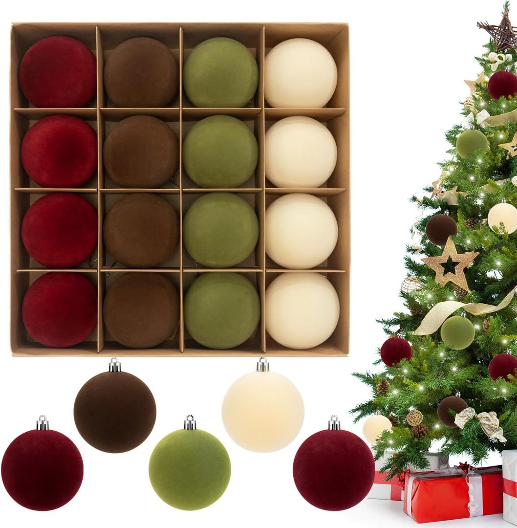 3.15" Velvet Christmas Ball Ornaments Set, 16 pcs Flocked Xmas Tree Decoration, Large Shatterproof Decorative Hanging Balls for Party Holiday Wreath Garland Home Dcor (Red Brown Green White)