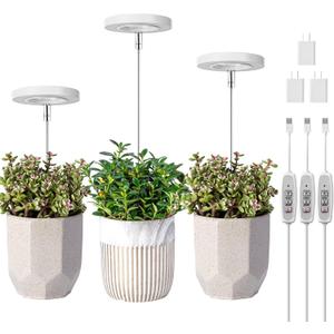 LORDEM Grow Light, Full Spectrum LED Plant Light for Indoor Plants, Height Adjustable Growing Lamp with Auto On/Off Timer 4/8/12H, 4 Dimmable Brightness, Ideal Small Pack of 3, Warm White
