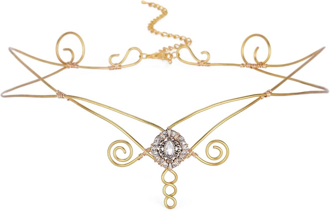 Fairy Elf Crown Handmade Cross Jewelry Circlet Headband Medieval Viking Tiara Renaissance Headpiece Cosplay Wreath (Gold Thread Antique Rhinestone Pictogram Woven Crown)