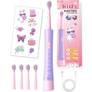JTF Rechargeable Electric Toothbrush for Kids: 5 Gentle Modes for Ages 3+, Safe & Effective for Sensitive Teeth - with Fun DIY Stickers, 4 Soft Brush Heads, Children Sonic Toothbrush for Home & School