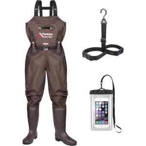 Probite Fishing Chest Waders for Men Women with Boots Waterproof 2-ply Nylon PVC Lightweight Waders for Hunting(M8/ W10, Brown)