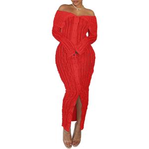 Womens Sexy Off Shoulder Maxi Dress Pleated See Through Flare Sleeve Button Down Slit Bodycon Long Dresses (Medium, Red)