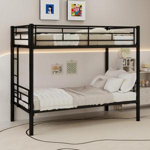 Metal Bunk Bed Twin Over Twin, Heavy Duty Bunk Beds with Ladder and Full-Length Guardrail for Kids/Teens/Adults, Convertible into 2 Beds, Under-bed Storage Bunkbed, No Spring Box Required, Black
