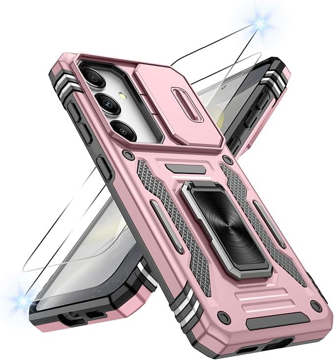 ATUMP for Samsung Galaxy S24 Case with [2Pcs] HD Screen Protector & Slide Camera Cover, Rotated Ring Kickstand [Military Grade Shockproof] Protective Case for Galaxy S24 6.2", Light Blue