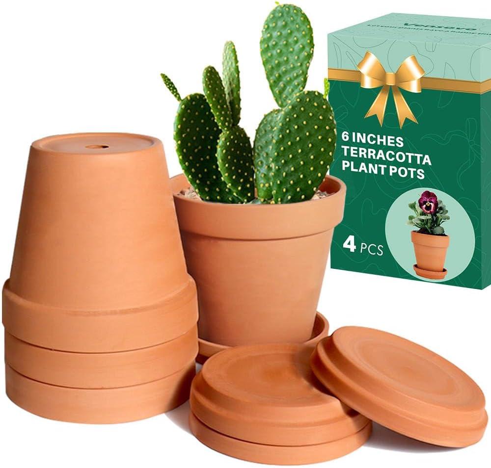 vensovo 6 Inch Terracotta & Clay Pots for Plant with Saucer - 4 Pack Medium Terra Cotta Planter with Drainage Hole, Flowerpot for Indoor Outdoor Plants, Crafts, Wedding Favor (Brown)