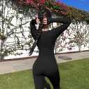 OQQ Women Jumpsuits Long Sleeve Deep V Neck Ruched Flared Jumpsuit (Small, Black)