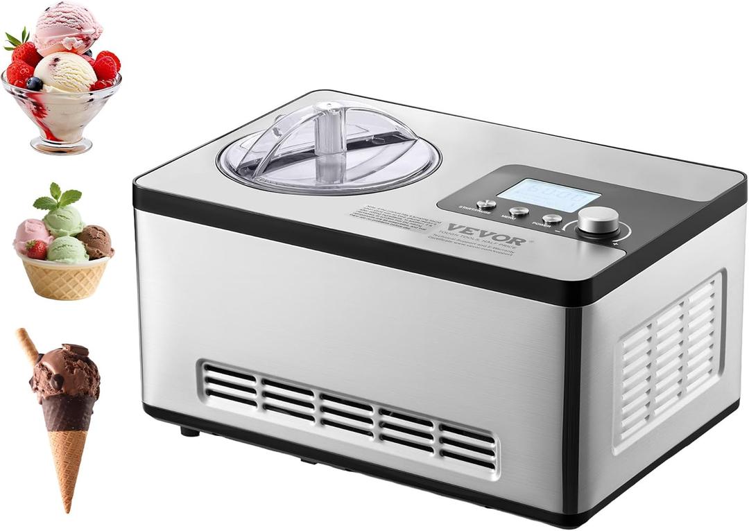 VEVOR Automatic Ice Cream Maker with Built-in Compressor, 2 Quart No Pre-freezing Fruit Yogurt Machine, Stainless Steel Electric Sorbet Maker, 3 Modes Gelato Maker with LCD Display & Timer, Silver