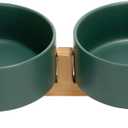 SPUNKYJUNKY Ceramic Dog and Cat Bowl with Wood Stand Non-Slip Matte Glaze Weighted Food Water Set for Cats &Small Dogs 13.5 OZ Green