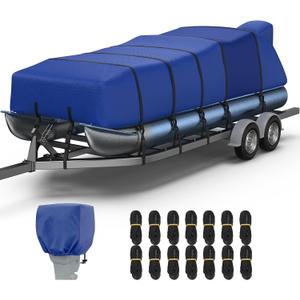 RVMasking Pontoon Boat Cover with Motor Cover, 1400D Heavy Duty Middle Reinforced, Marine Grade Waterproof Boat Cover for Length: 25'-28', Beam Width up to 102", Blue