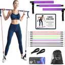 Portable Pilates Bar Kit with Resistance Bands (20, 30, 40, 50 LB) - 8 Week Video Program - Premium Quality Home Equipment 3 Section Pilates Bar with Resistance Bands Full-Body