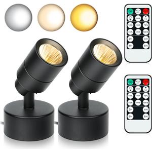 2 Pack LED Spotlight, 3W Uplighting with Remote Control Dimmable and Timer, 3 Lighting Modes Floor Spot Lights for Plants, Pictures, Artwork - Indoor Accent Light with 5.9 FT Plug Cord (Black)