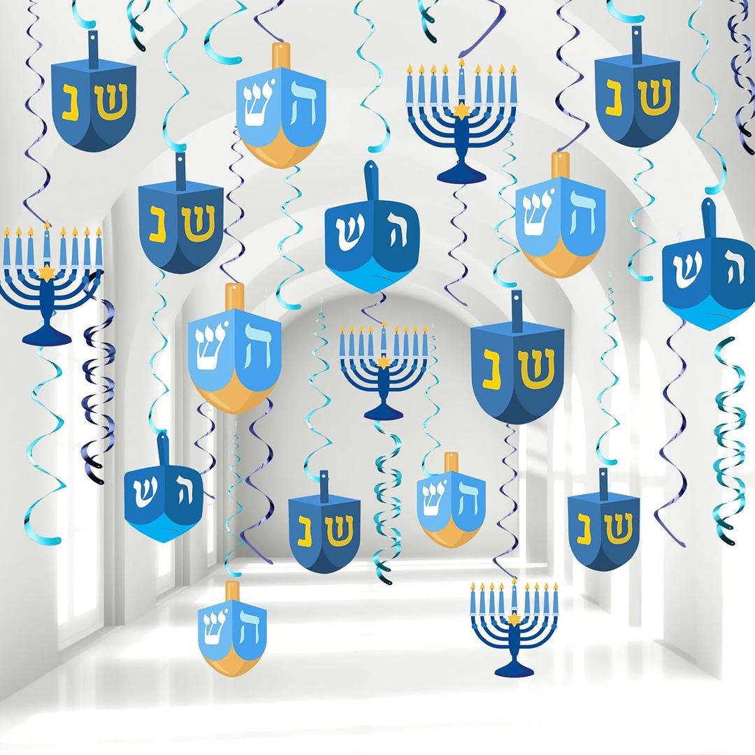 VioraWhite 44 Pcs Hanukkah Dreidel Hanging Swirl Decorations Menorah Dreidel Hanging Decor for Hanukkah Party Supplies Chanukah Home Decor
