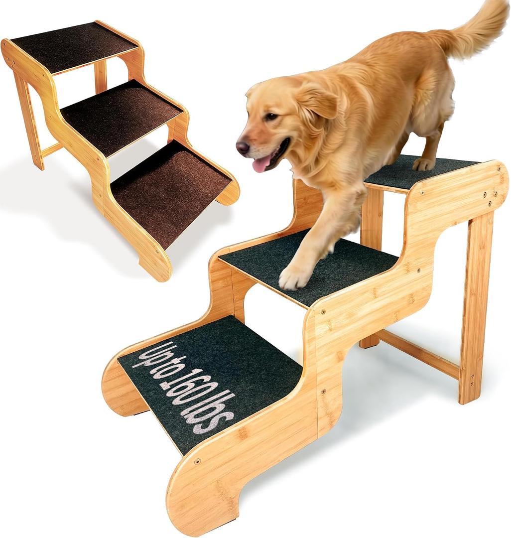 Dog Steps for Bed,Extra Wide Dog Stairs for Large Dogs,3-Step Bamboo Pet Ramp Assist Large Senior/Older Dogs or Pet(Up to 160 Pounds) Get to Couch Or High Bed (H:24 inch)