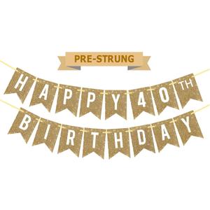 Netnology Pre-Strung Gold Happy 40th Birthday Banner Decorations,12 ft No DIY Gold Glitter 40th Birthday Party Banner Sign Decor for Women Men Girl Boy Party Supplies