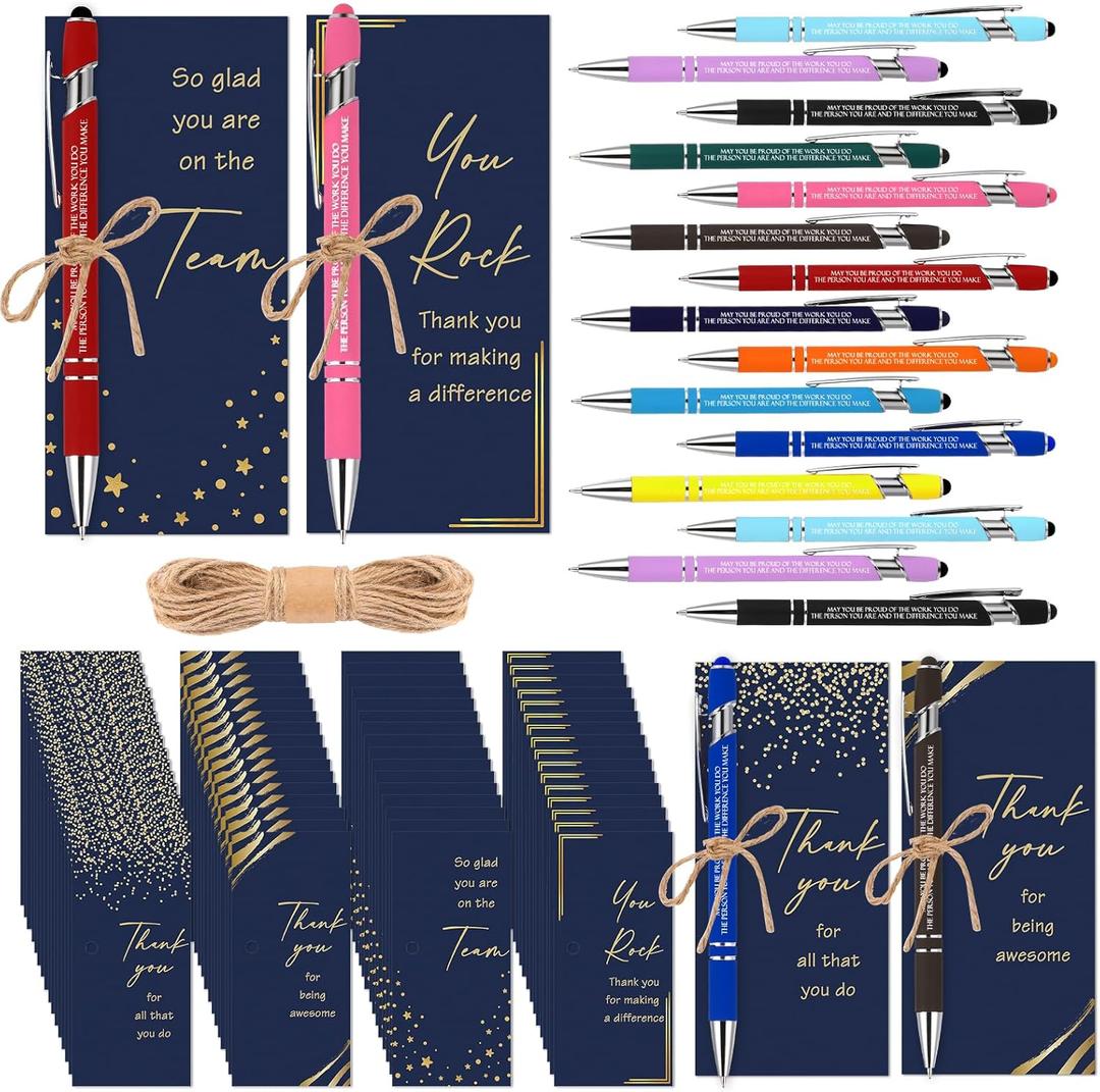Qilery Employee Appreciation Pens Gifts Inspirational Ballpoint Pens Black Ink Metal with Stylus Tip Colorful Motivational Quote with Thank You Card Rope for Coworker Team Office Teacher Staff(48 Set)