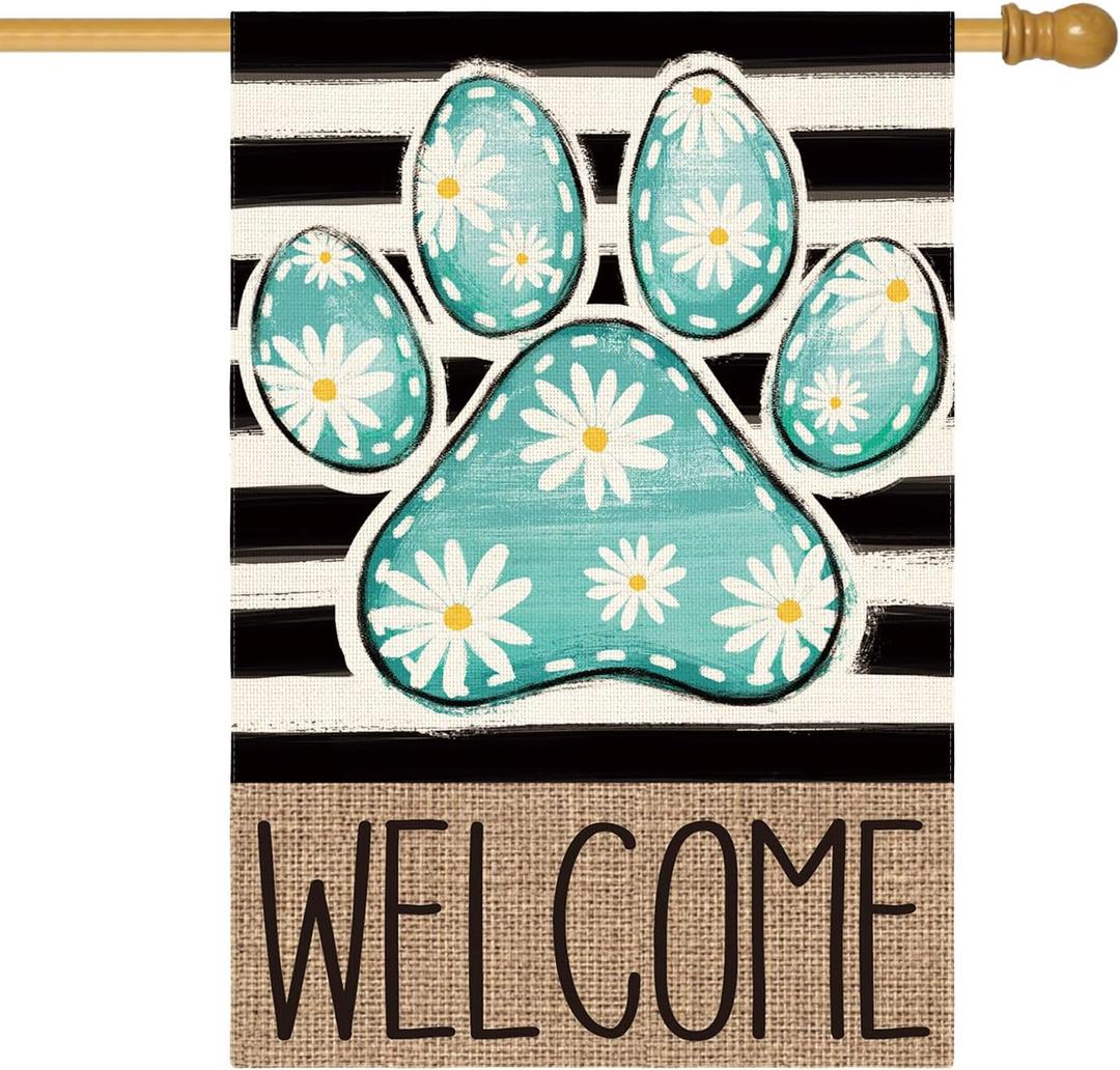 AVOIN colorlife Blue Paw Print Spring House Flag 28x40 Inch Double Sided Outside, Daisy Floral Welcome Stripes Yard Outdoor Flag