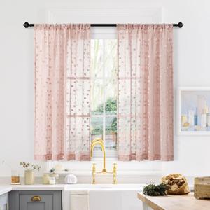 MYSKY HOME Pink Sheer Short Curtains for Small Windows Kitchen 45 inch Long with Pom Pom Bedroom Nursery Kids Girls Room Curtains Cafe Light Filtering Boho Drapes, Rod Pocket,52" Wide, 2 Panels (1-dusty Pink)