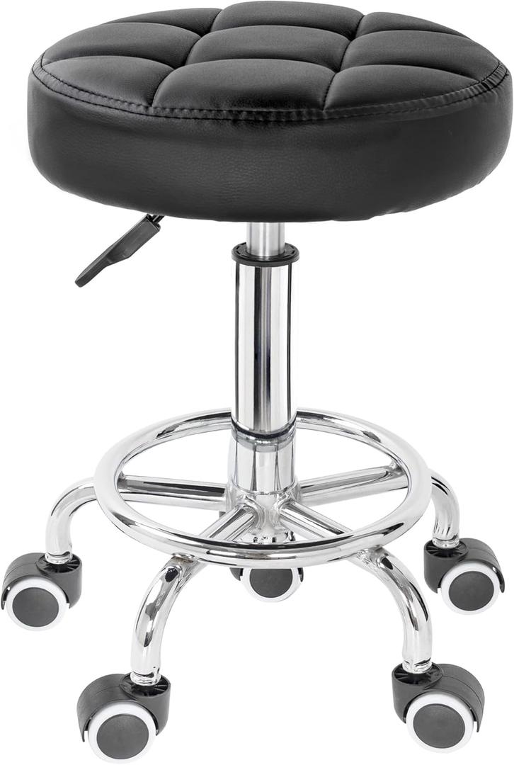 PU Leather Rolling Stool Height Adjustable Round Swivel Stools for Spa Salon Massage Work Chair with Foot Rest Black