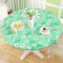 misaya Round Fitted Tablecloth with Elastic Edge, 100% Waterproof Oil Proof Plastic Table Cover, Vinyl Flannel Backed Tablecloth Fits 36"-44" Round Tables for Dinner, Outdoor, Picnic, Green Daisy