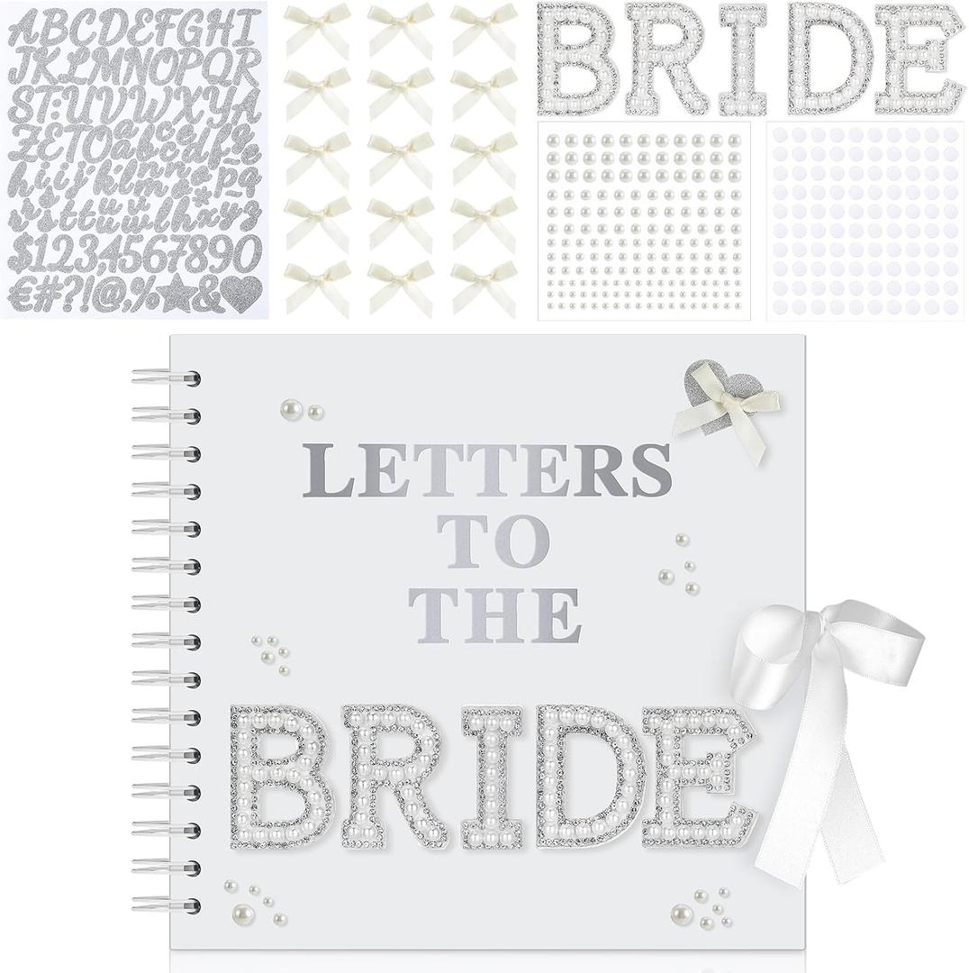 Fuyoooo 8 x 8 Inch Letters to The Bride Scrapbook Wedding Memory Book Bridal DIY Blank Paper Scrapbook Photo Album Guest Book Sign with Pearl Stickers, Metallic Letters, Bows(Warm White)