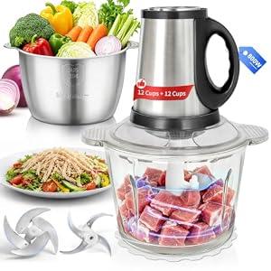 Food Processor-2 Bowls(12Cups+12Cups),Food Chopper for Meat-N
