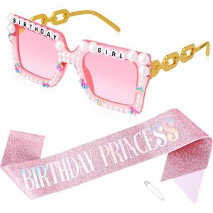 3 x Pink Birthday Princess Sash and Sunglasses for Women Birthday Girl Party Decoration Party Gifts