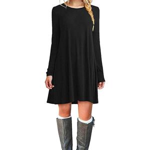 Women's Casual Plain Fit Flowy Simple Swing T-Shirt Loose Tunic Dress (Black)